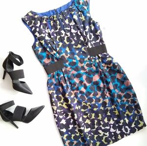 NANETTE LEPORE blue black leopard animal print silk sleeveless sheath dress